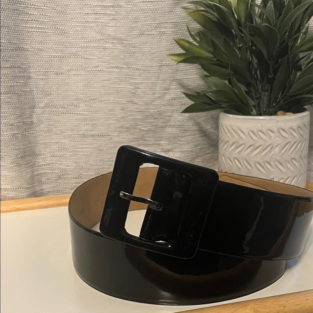 Ann Taylor Black Wide Belt with Square Buckle